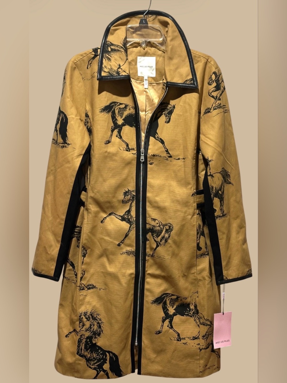 Avec Les Filles Tan Western Trench Coat with Black Horse Print - Size L